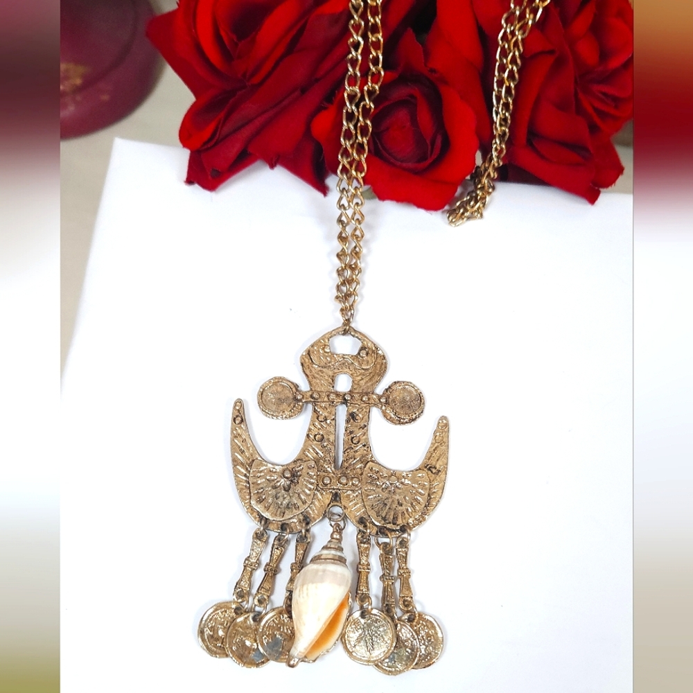 Golden Anchor & Turkish Coin Nautical Statement Pendant Necklace